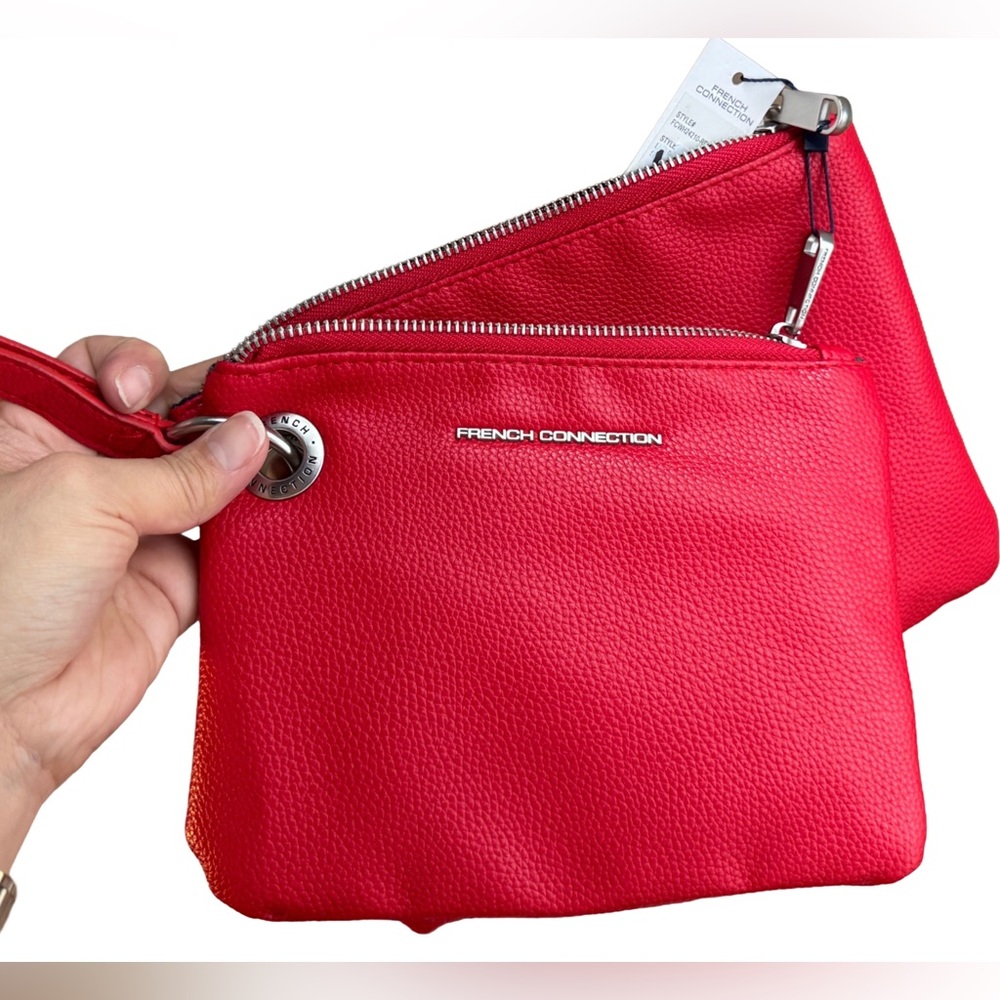 French Connection Red Pebbled Leather Wristlet & Pouch Set